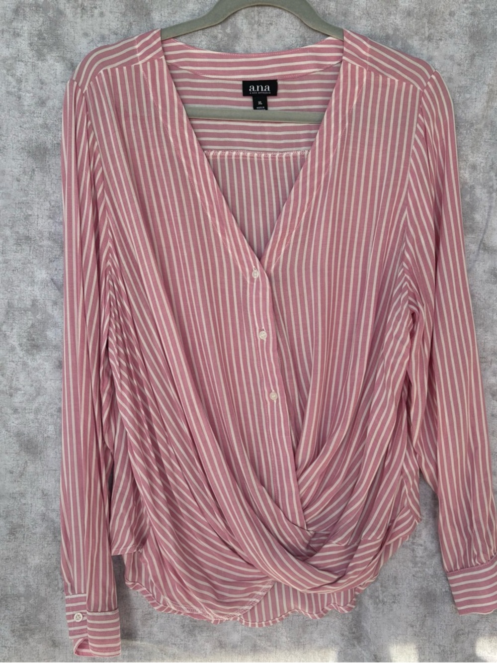 a.n.a Pink and White Striped Draped Front Blouse with a twist hem detail. XL
